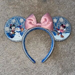 Disney Blue Glitter Winter Mickey & Minnie Ear Headband with Pink Bow